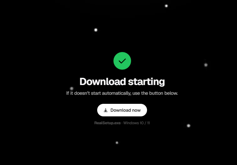 Download Real page showing Download starting and the Download now button.