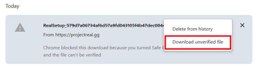 Chrome download menu with Download unverified file selected