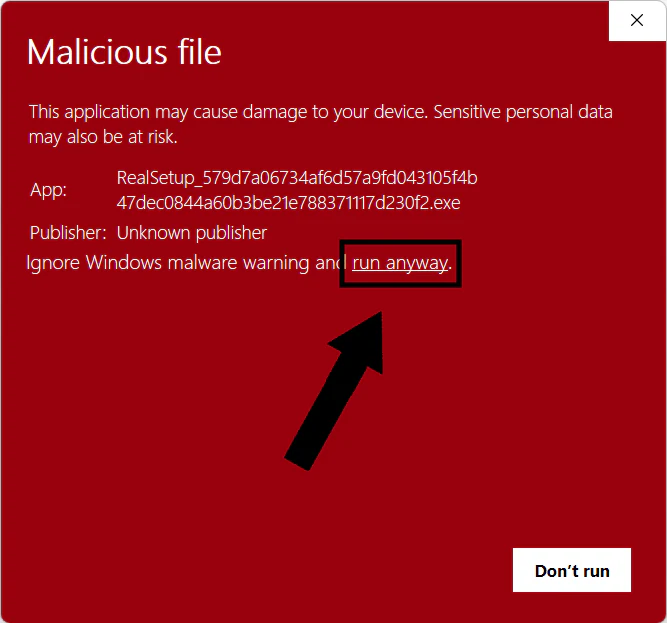 Windows warning with run anyway highlighted