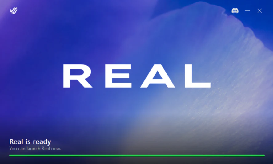 Real launcher showing Real is ready while the app window may not be visible.